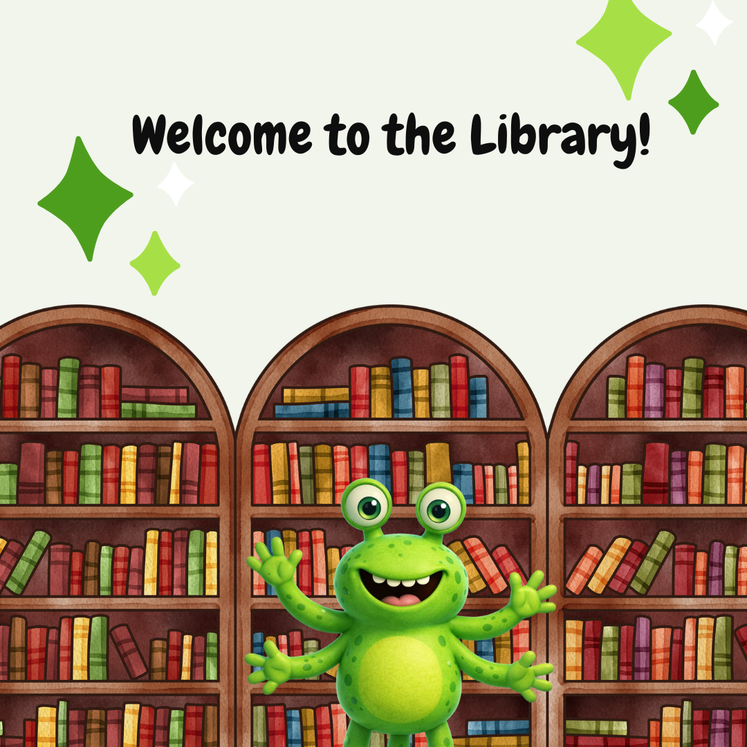 Cute cartoon library illustration with bookshelves and an alien