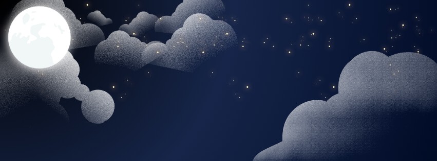 A bright moon, clouds, and stars in a deep blue night sky