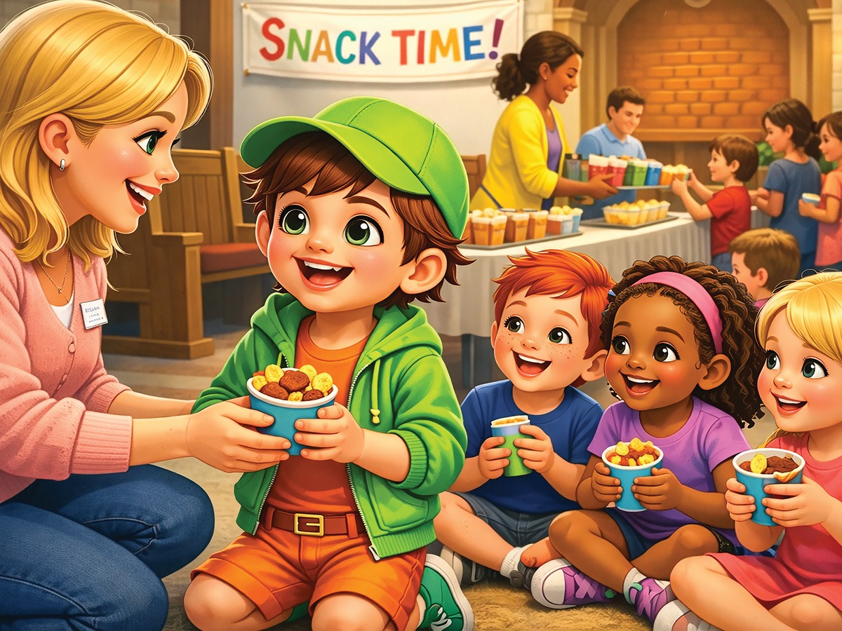 Children at snack time in the church hall, gathered around a teacher handing out snack cups